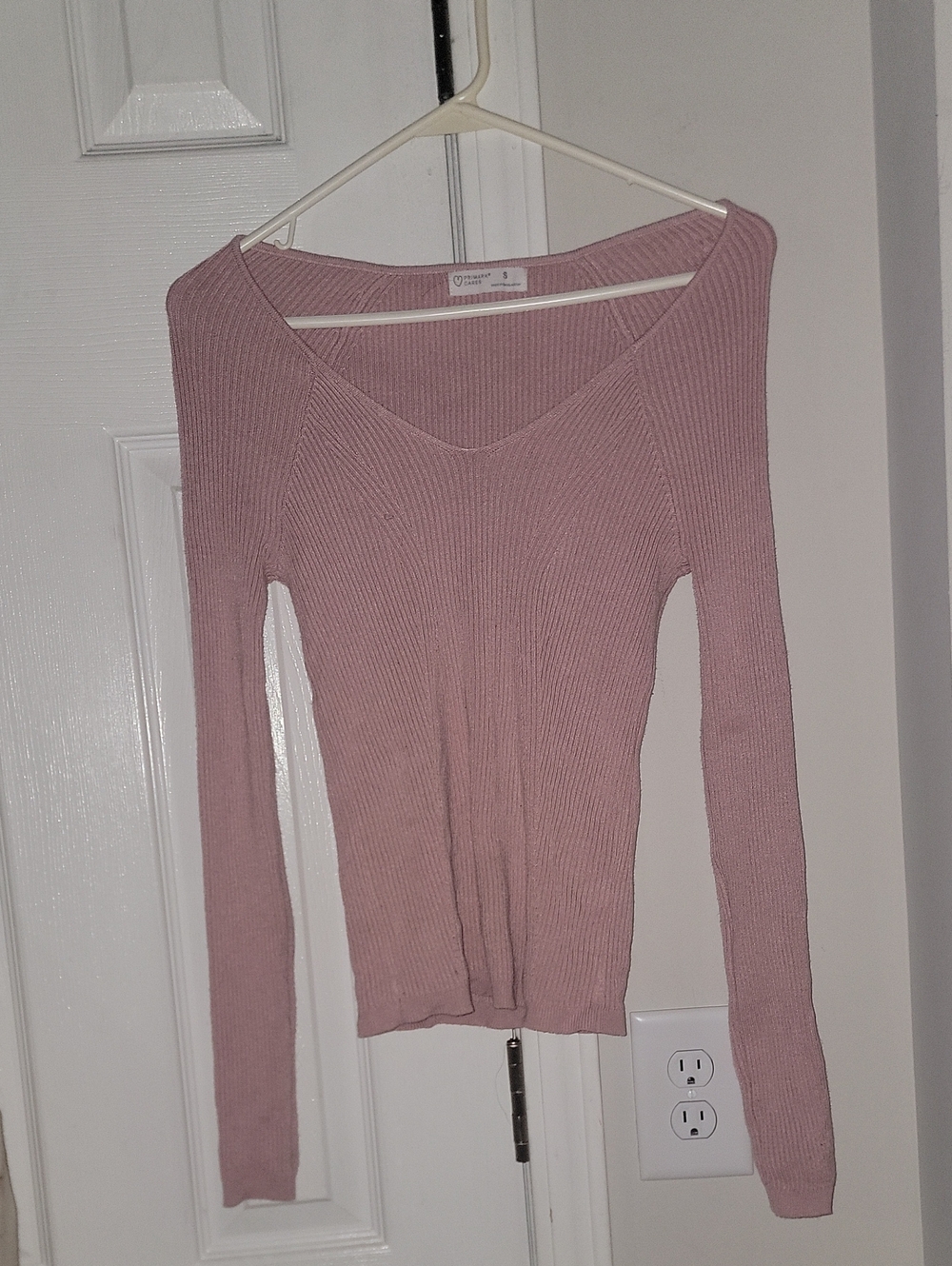 Primark Soft Ribbed V-Neck Long Sleeve Top - Mauve Pink